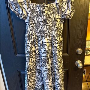 Smocked Off-Shoulder Maxi Dress in Black and White Palm Print